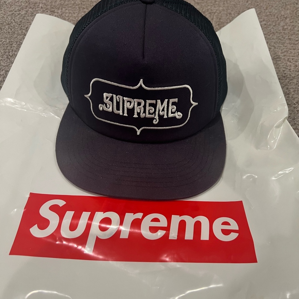 Supreme Navy Trucker Hat with White Logo